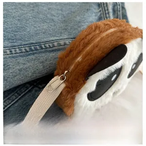 Close-up of smooth metal zipper and fluffy texture on panda plush shoulder bag