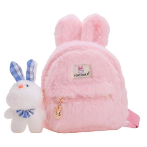 Sac à dos lapin en peluche rose pour enfants avec oreilles de lapin et peluche blanche