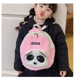 Detailed view of pink plush panda backpack with soft material and zip closure for kids