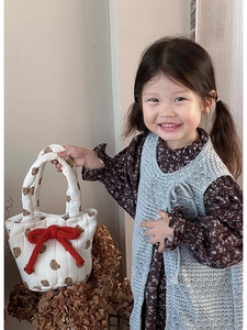 Quilted cotton child handbag with cute bear print and red knitted bow detail