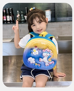 Detail of 3D unicorn relief and rainbow patterns on a gradient kids' backpack