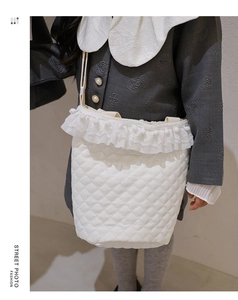 Detail einer weißen gesteppten Umhängetasche mit elegantem Spitzenbesatz und Pompons
