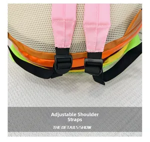 Detail view of the adjustable pink shoulder straps and breathable mesh on hamburger backpack