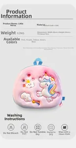 Pink 3D unicorn kids backpack details showing oxford fabric and EVA material specs