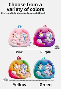 Detail view of 3D unicorn backpacks in pink, purple, and vibrant gradient colors