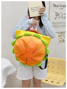 Creative hamburger-shaped children's backpack with adjustable straps and green trim