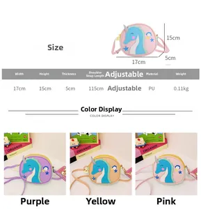 Guide des tailles montrant 17x15x5cm pour mini sacs bandoulière licorne en PU