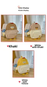 Detailed comparison of cute cartoon chick backpacks in khaki, white-khaki and white-yellow