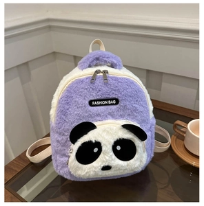 Detail of soft purple plush panda backpack with high-quality fluffy texture and 3D ears