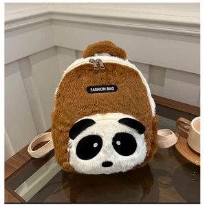 Detailed macro view of plush panda backpack showing fuzzy texture and fashion label