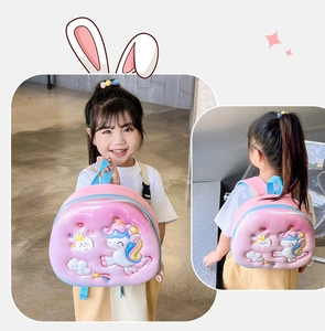 Detail of waterproof hard shell children's backpack with 3D unicorn relief pattern