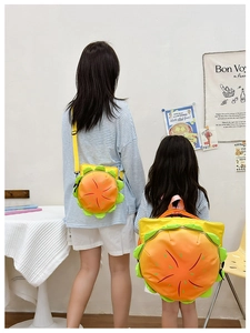 Matching burger-shaped crossbody and backpacks for parent and child shown from the back