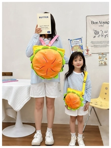 Matching set of burger-shaped backpacks and crossbody bags for parents and kids