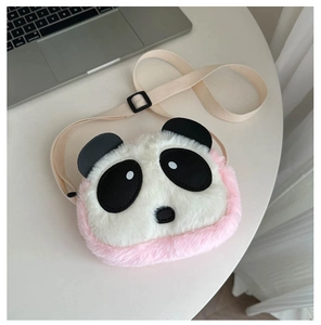 Detail of cute panda plush bag showing soft fur texture and adjustable strap in white and pink