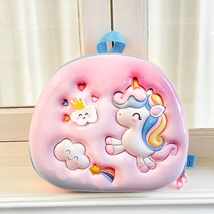Detail of pink 3D unicorn EVA hard shell backpack with glossy waterproof surface
