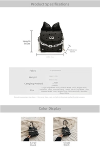 Detailed size chart for mini polka dot chain bag with bow decor and PU material specs
