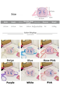 Size guide for cartoon butterfly crossbody bag with adjustable strap and measurements