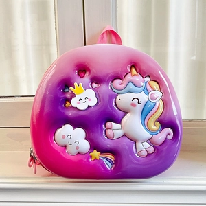 Close-up of 3D unicorn embossed gradient pink and purple hard shell kids backpack