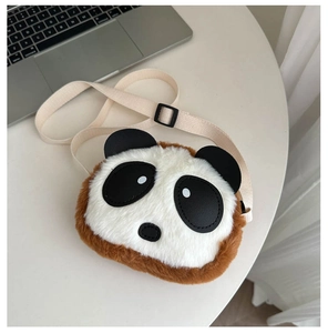 Detail of cute plush panda crossbody bag with adjustable strap and soft brown fur texture