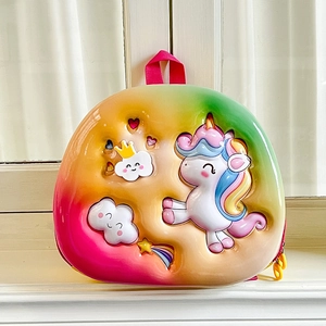 Detailed view of 3D unicorn rainbow hardshell backpack with gradient color finish