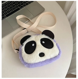 Close-up of purple plush panda crossbody bag with soft faux fur and adjustable strap