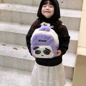 Plush panda toddler backpack in purple and white with cute 3D animal features for kids