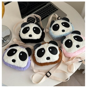 Five colorful panda plush crossbody bags with adjustable straps on a white desk