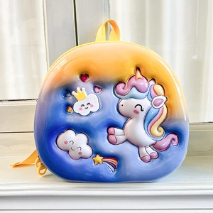 Close-up of 3D embossed unicorn design on EVA hard shell backpack for kids