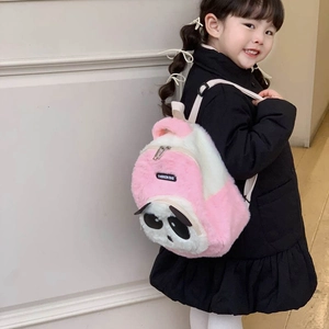 Pink plush panda backpack for kids with adjustable white straps and cute cartoon design