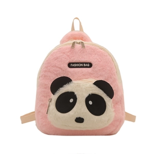 Pink plush panda backpack for kids featuring cute cartoon face design and soft texture