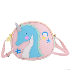 Sac bandoulière rond rose pour enfants avec motif de dessin animé hippocampe bleu