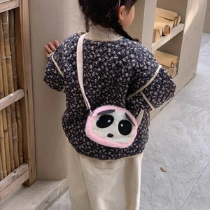 Cute panda plush crossbody bag for kids with pink fuzzy trim and adjustable strap