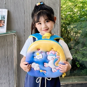 3D unicorn backpack for kids with blue and yellow gradient shell for kindergarten girls