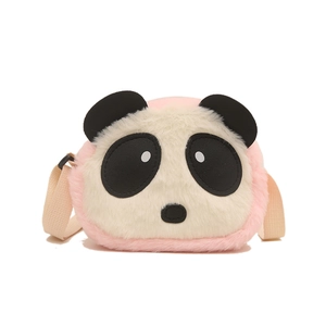 Cute panda plush crossbody bag for kids in pink and white soft faux fur material
