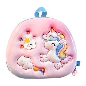 Pink unicorn 3D hard shell backpack for kids with colorful rainbow and crown patterns