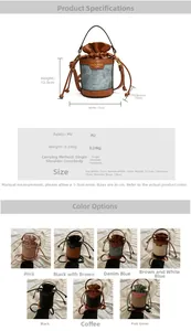 Detailed view of mini PU leather bucket bag with drawstring closure and size parameters