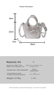 Detailed size chart for silver mini tote bag showing height, width, and strap dimensions