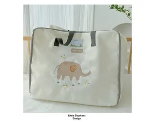 Detail view of cartoon elephant storage bag with label card slot and double zippers