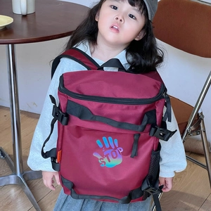 Kids burgundy casual backpack with STOP print and adjustable straps for travel