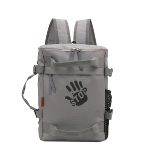 Gray large capacity kids backpack with STOP handprint and side mesh pockets on white background