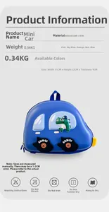 Tableau des dimensions du sac à dos enfant 3D en forme de voiture bleue avec dinosaure