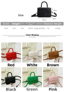 Guide des tailles pour mini sac bandoulière en similicuir avec affichage de six couleurs