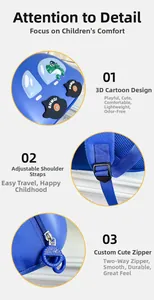 Détail du motif dinosaure 3D sur sac à dos rigide bleu pour enfant avec zip spécial