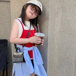 Kids trendy contrast color micro handbag and stylish red top outfit for 2024 fashion