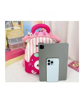 Detailed size comparison of strawberry striped backpack with tablet and smartphone