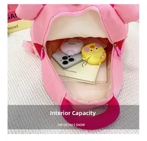 Internal view of the strawberry striped backpack showing large storage space for kids