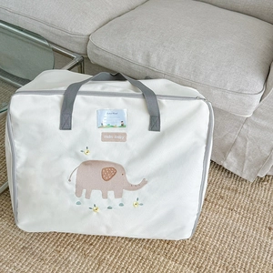 Cartoon elephant embroidery storage bag for kids bedding with name label and grey handles