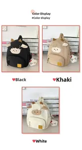 Detail des niedlichen Schaf-Rucksacks mit weißen Plüschtexturen und 3D-Ohrenelementen