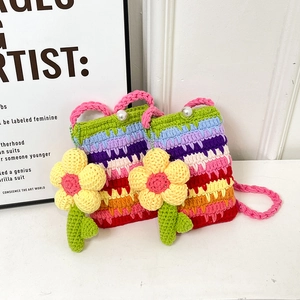 Gehäkelte Regenbogen Umhängetasche Handgefertigte Mini Schultertasche Aus Garn Mit Blumenanhänger Künstliche Perlenknopf Damen Mädchen