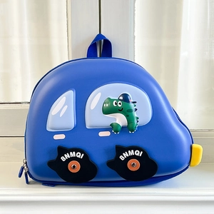 Sac à dos rigide en forme de voiture bleue avec dinosaure et roues en 3D pour enfant